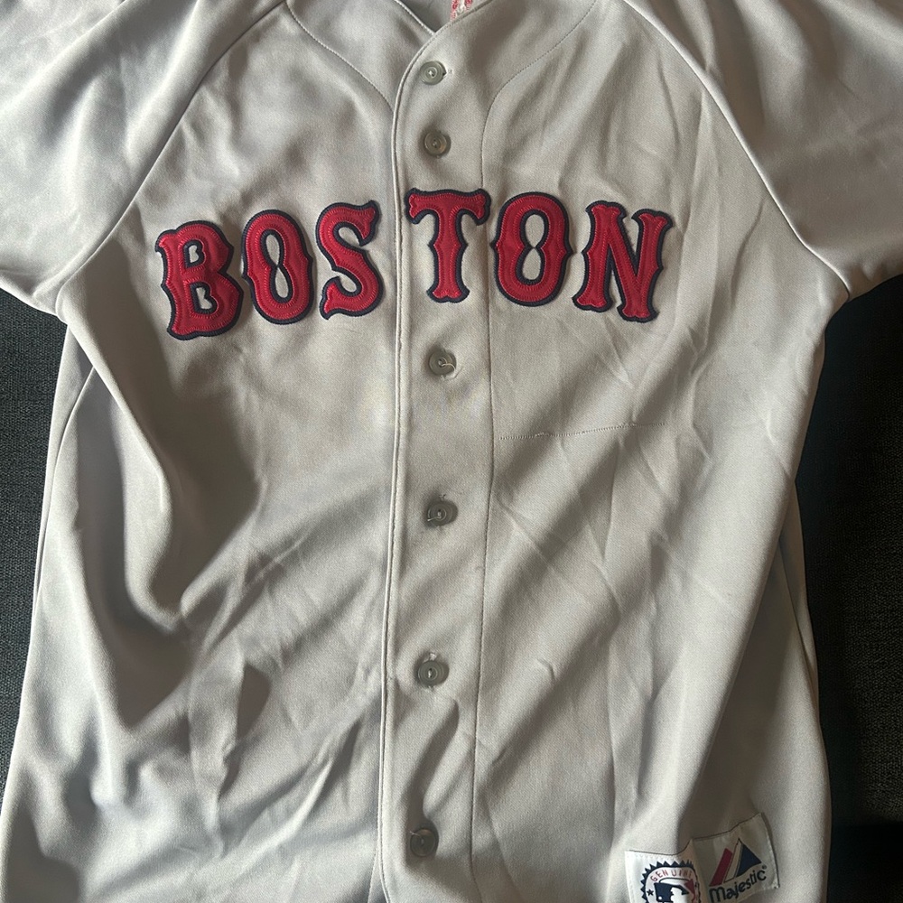 Majestic Light Grey Boston Baseball Jersey with Red Lettering